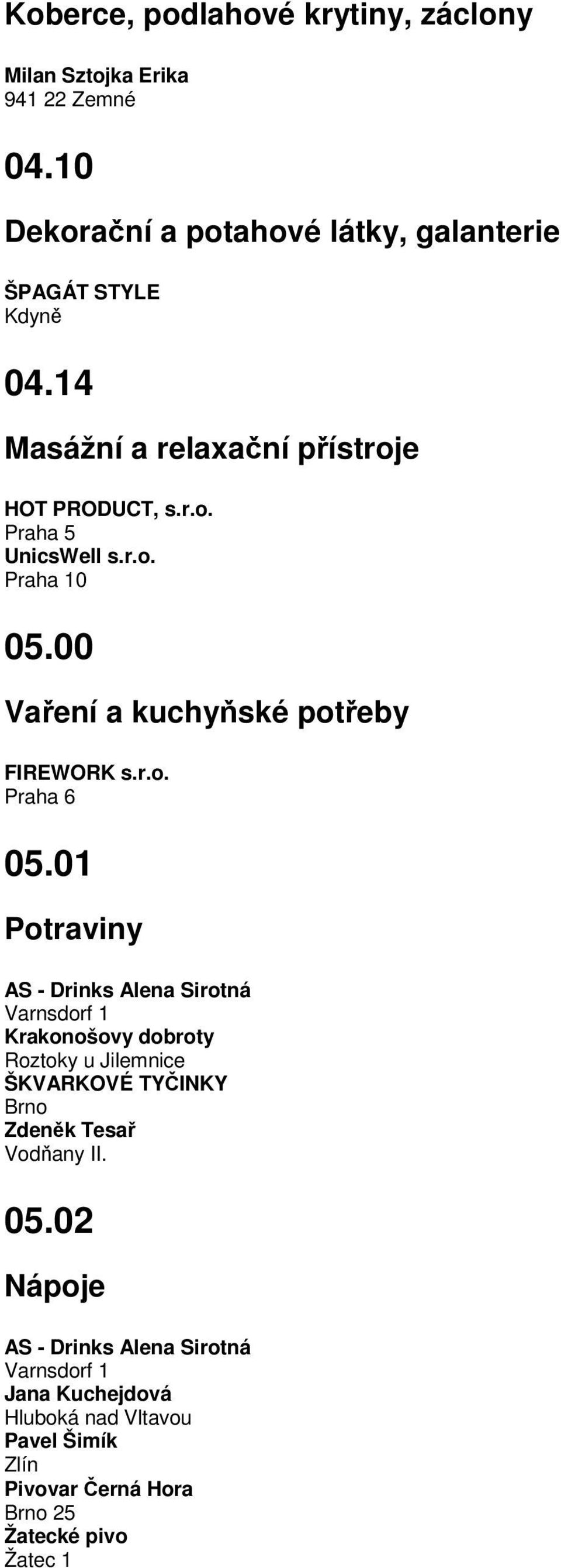 01 Potraviny AS - Drinks Alena Sirotná Varnsdorf 1 Krakonošovy dobroty Roztoky u Jilemnice ŠKVARKOVÉ TYČINKY Brno Zdeněk Tesař Vodňany II. 05.