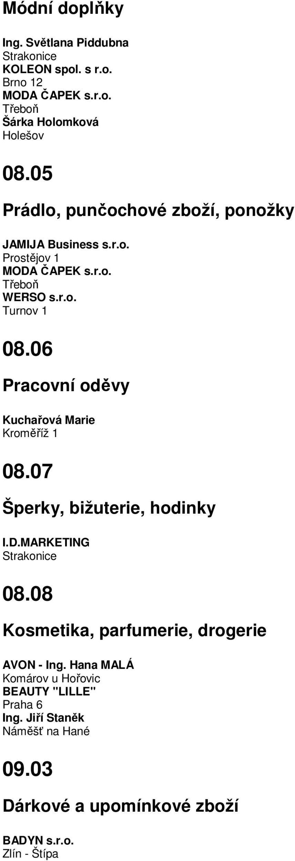 06 Pracovní oděvy Kuchařová Marie Kroměříž 1 08.07 Šperky, bižuterie, hodinky I.D.MARKETING Strakonice 08.