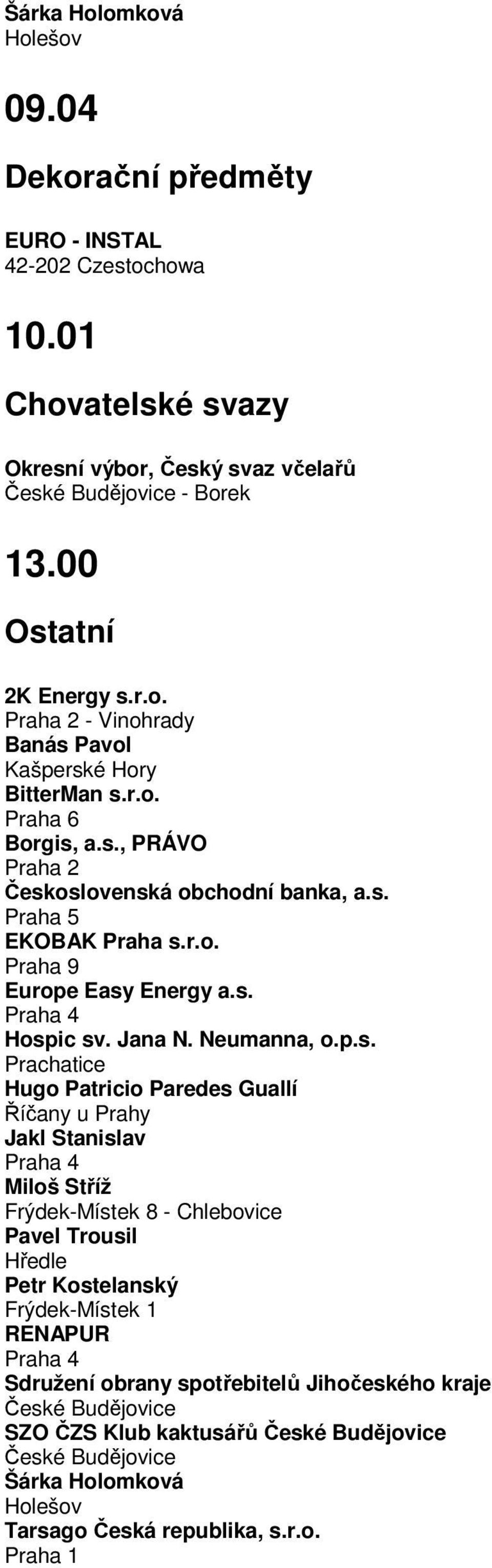 a.s., PRÁVO Praha 2 Československá obchodní banka, a.s. Praha 5 EKOBAK Praha s.r.o. Praha 9 Europe Easy Energy a.s. Praha 4 Hospic sv. Jana N. Neumanna, o.p.s. Prachatice Hugo Patricio