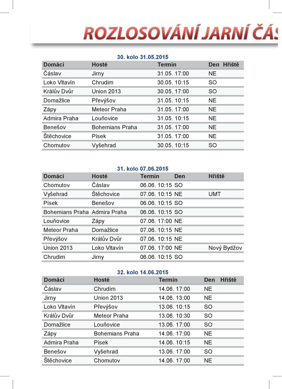 kolo 07.06.2015 Domácí Hosté Termín Den Hřiště Chomutov Čáslav 06.06. 10:15 SO Vyšehrad Štěchovice 07.06. 10:15 NE UMT Písek Benešov 06.06. 10:15 SO Bohemians Praha Admira Praha 06.06. 10:15 SO Louňovice Zápy 07.