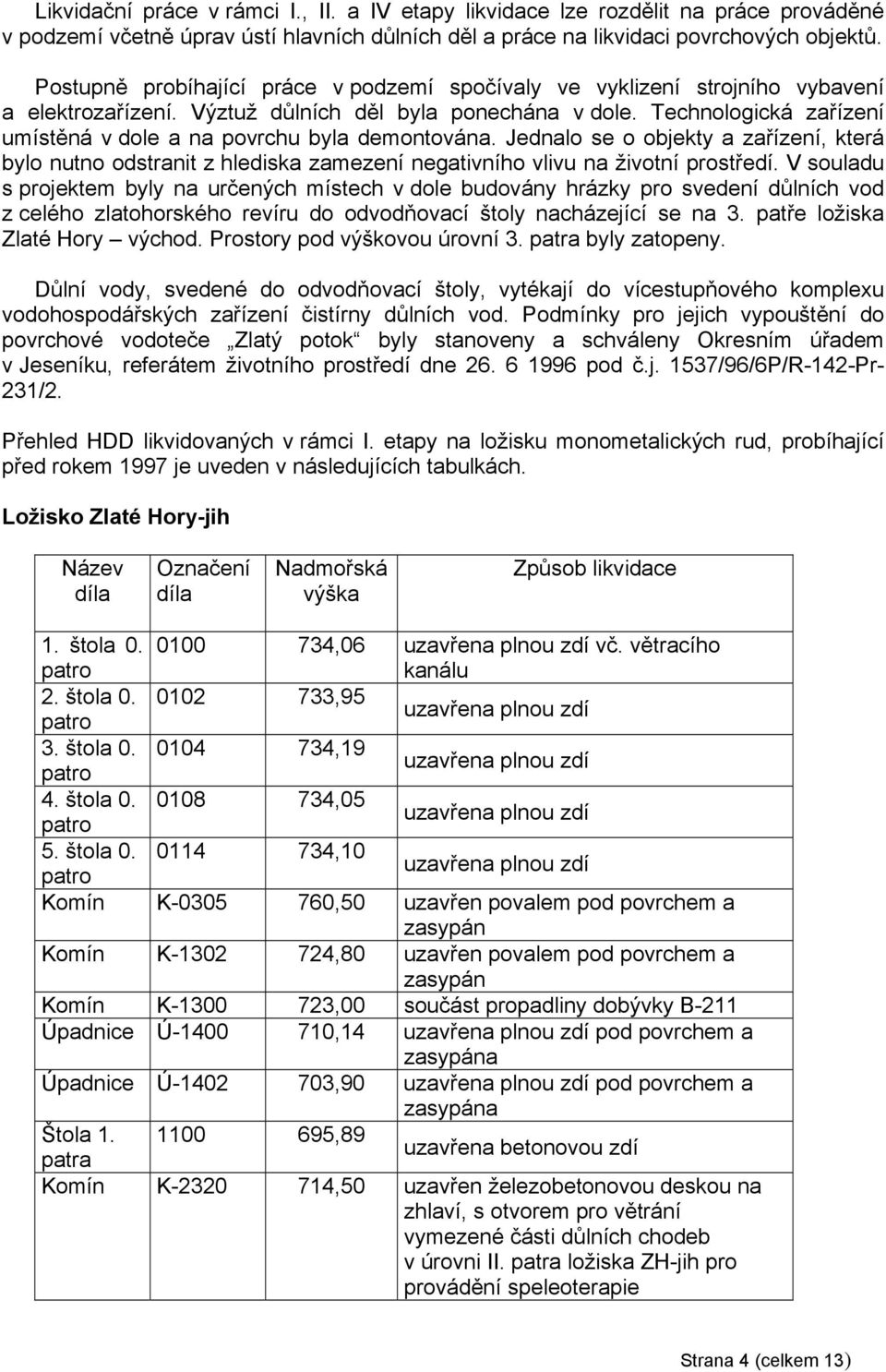 Technologická zařízení umístěná v dole a na povrchu byla demontována. Jednalo se o objekty a zařízení, která bylo nutno odstranit z hlediska zamezení negativního vlivu na životní prostředí.