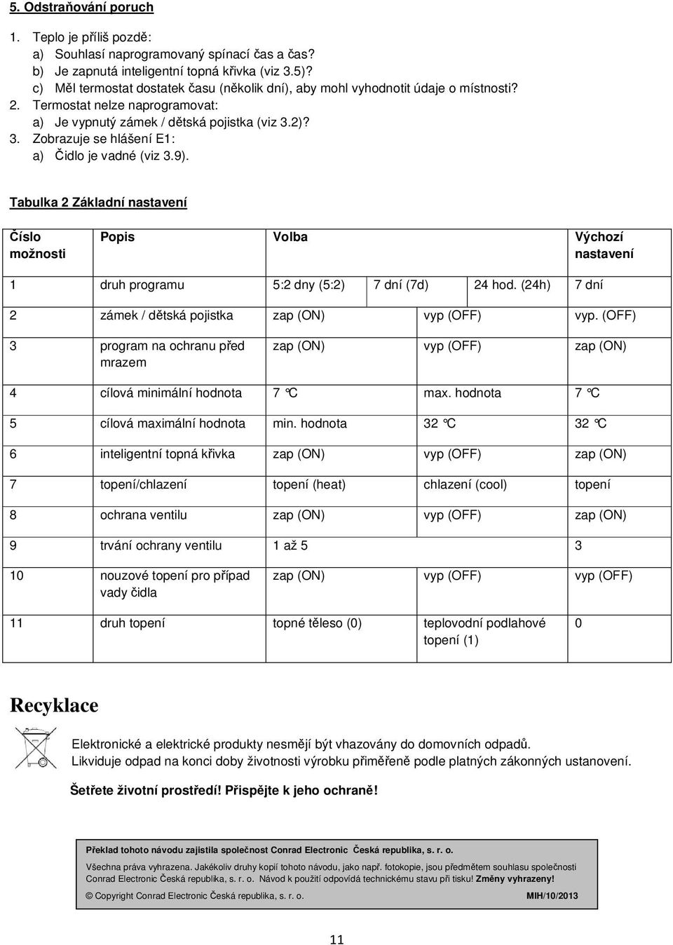 2)? 3. Zobrazuje se hlášení E1: a) Čidlo je vadné (viz 3.9). Tabulka 2 Základní nastavení Číslo možnosti Popis Volba Výchozí nastavení 1 druh programu 5:2 dny (5:2) 7 dní (7d) 24 hod.