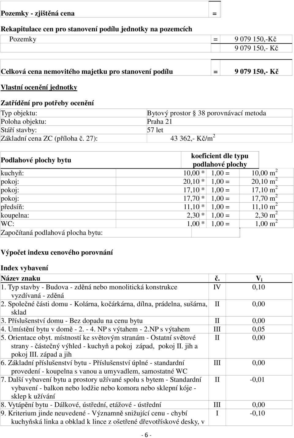 27): 43 362,- Kč/m 2 Podlahové plochy bytu koeficient dle typu podlahové plochy kuchyň: 10,00 * 1,00 = 10,00 m 2 pokoj: 20,10 * 1,00 = 20,10 m 2 pokoj: 17,10 * 1,00 = 17,10 m 2 pokoj: 17,70 * 1,00 =