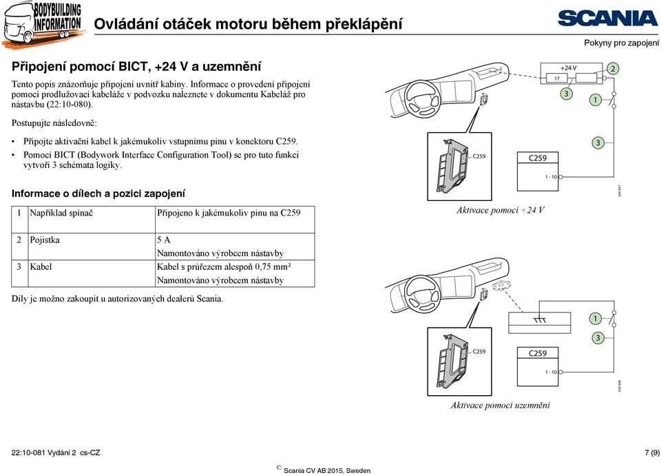 17 3 1 Postupujte následovně: Připojte aktivační kabel k jakémukoliv vstupnímu pinu v konektoru C259. Pomocí BICT (Bodywork Interface Configuration Tool) se pro tuto funkci vytvoří 3 schémata logiky.