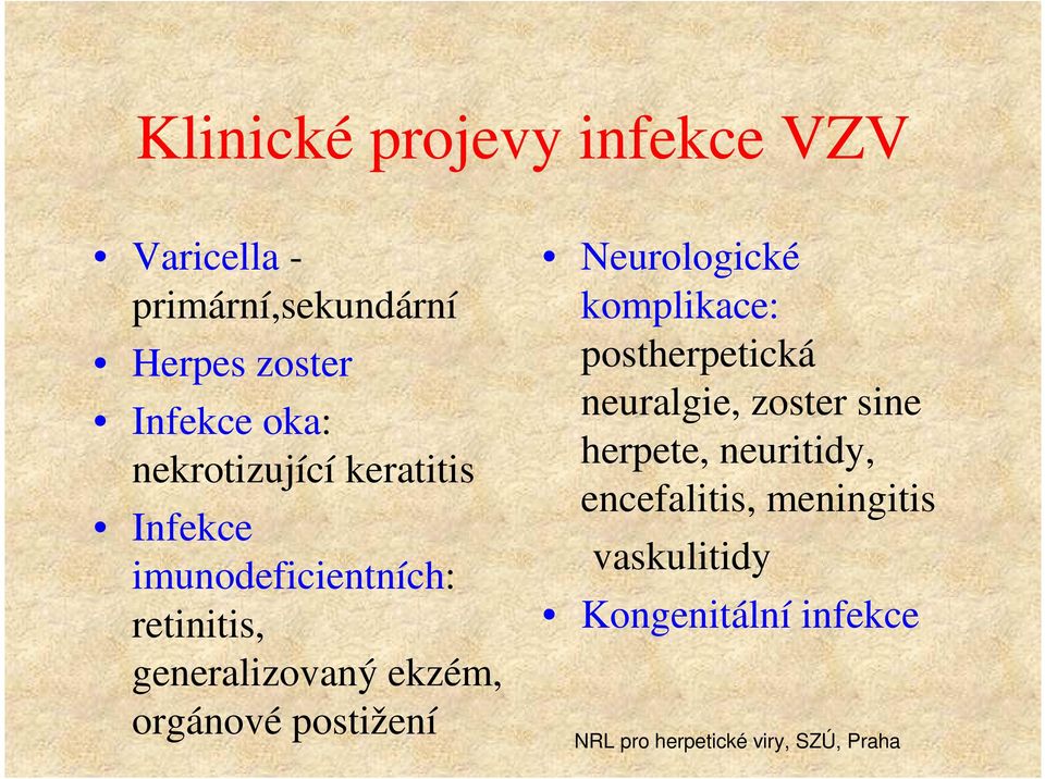 ekzém, orgánové postižení Neurologické komplikace: postherpetická neuralgie,