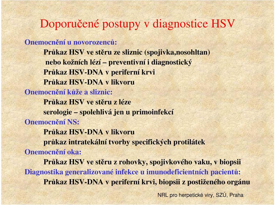 primoinfekcí Onemocnění NS: Průkaz HSV-DNA v likvoru průkaz intratekální tvorby specifických protilátek Onemocnění oka: Průkaz HSV ve stěru z rohovky,