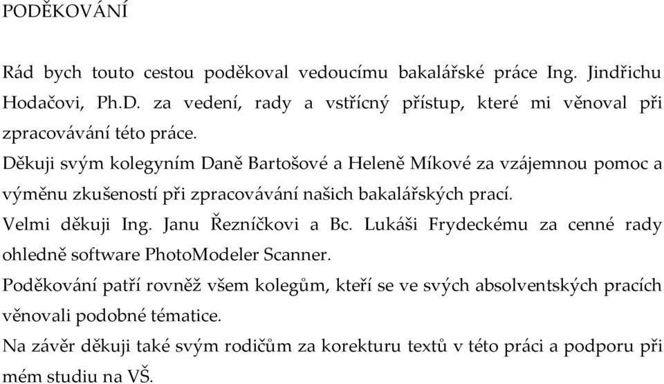 Janu Řezníčkovi a Bc. Lukáši Frydeckému za cenné rady ohledně software PhotoModeler Scanner.