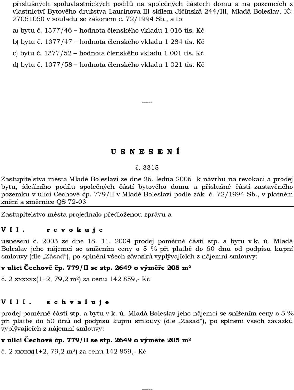 Kč d) bytu č. 1377/58 hodnota členského vkladu 1 021 tis. Kč č. 3315 Zastupitelstva města Mladé Boleslavi ze dne 26.