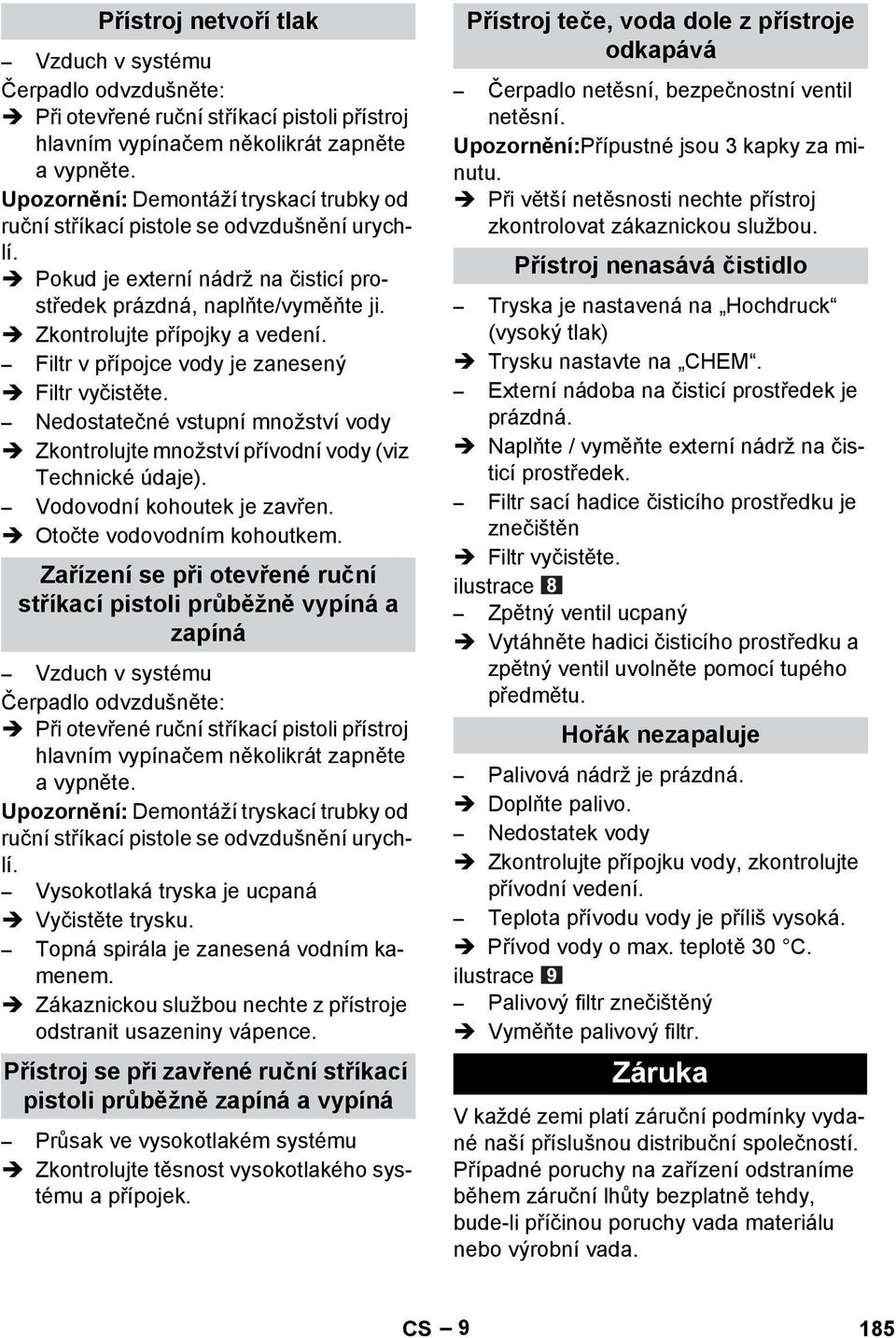 Filtr v přípojce vody je zanesený Filtr vyčistěte. Nedostatečné vstupní množství vody Zkontrolujte množství přívodní vody (viz Technické údaje). Vodovodní kohoutek je zavřen.