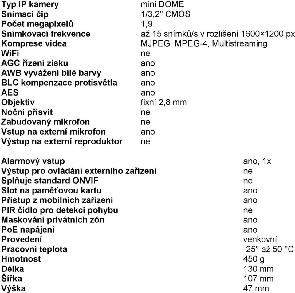 mikrofon Výstup na externí reproduktor Alarmový vstup, 1x Výstup pro ovládání externího zařízení Splňuje standard ONVIF Slot na paměťovou kartu Přístup z mobilních