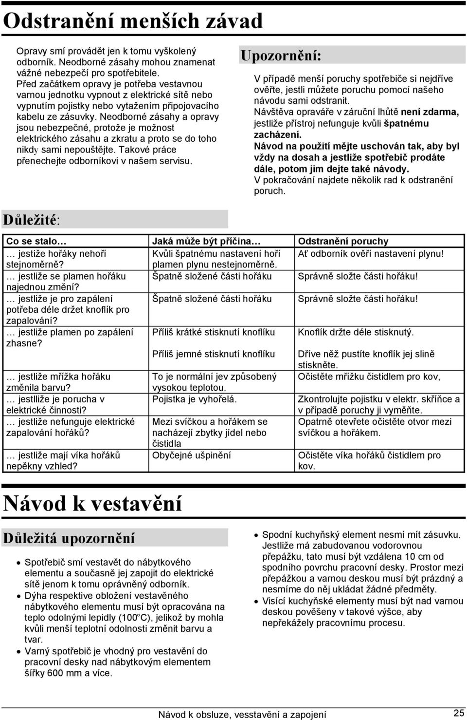 Neodborné zásahy a opravy jsou nebezpečné, protože je možnost elektrického zásahu a zkratu a proto se do toho nikdy sami nepouštějte. Takové práce přenechejte odborníkovi v našem servisu.