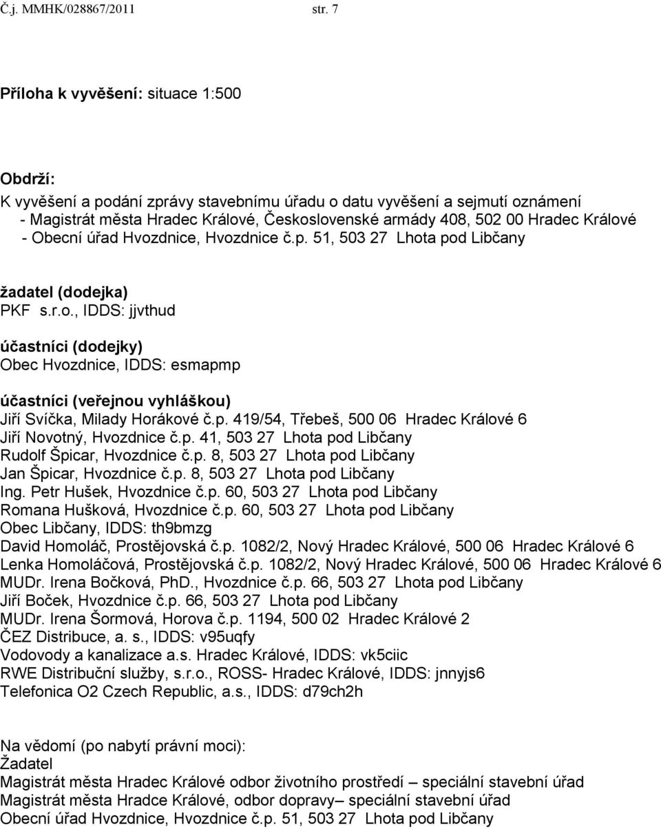 Králové - Obecní úřad Hvozdnice, Hvozdnice č.p. 51, 503 27 Lhota pod Libčany žadatel (dodejka) PKF s.r.o., IDDS: jjvthud účastníci (dodejky) Obec Hvozdnice, IDDS: esmapmp účastníci (veřejnou vyhláškou) Jiří Svíčka, Milady Horákové č.