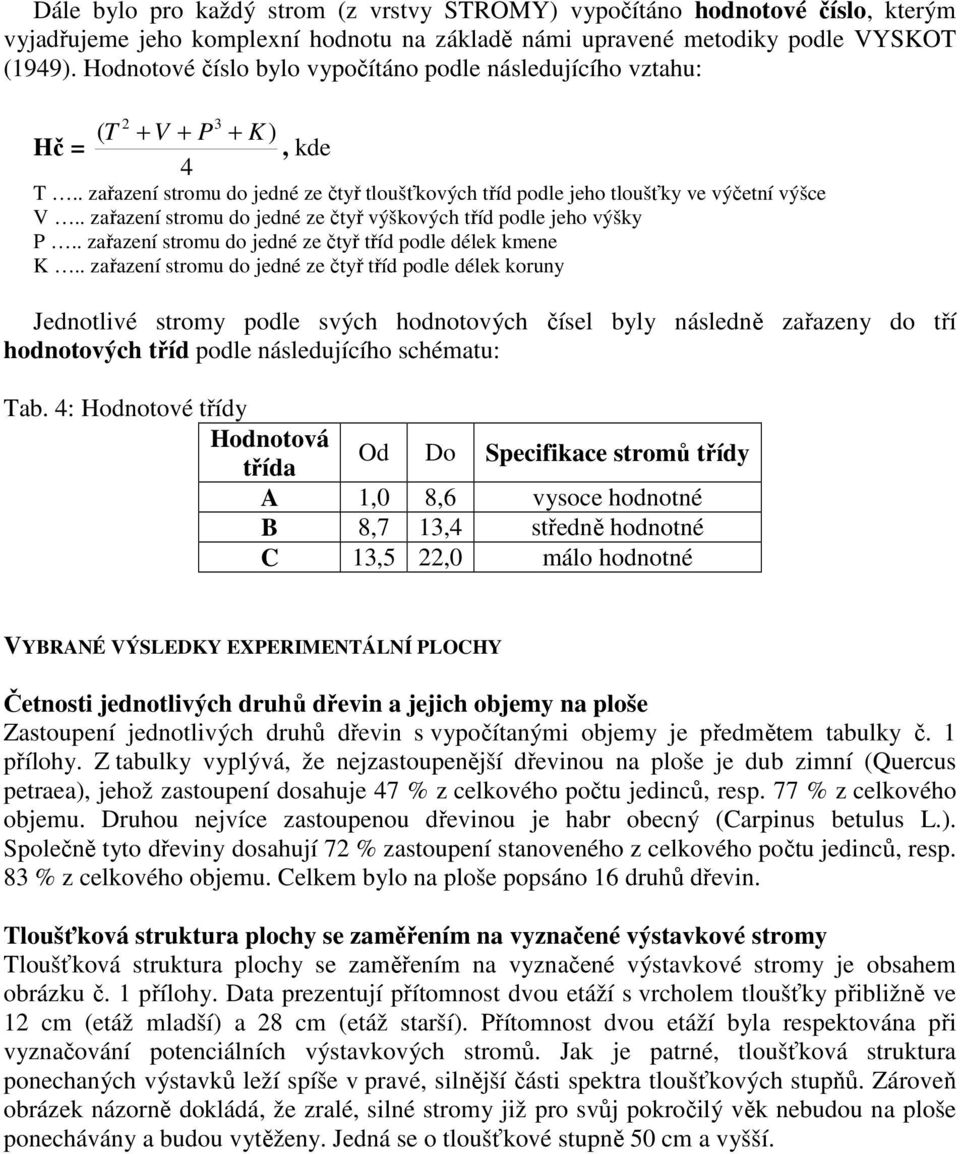 . zařazení stromu do jedné ze čtyř výškových tříd podle jeho výšky P.. zařazení stromu do jedné ze čtyř tříd podle délek kmene K.