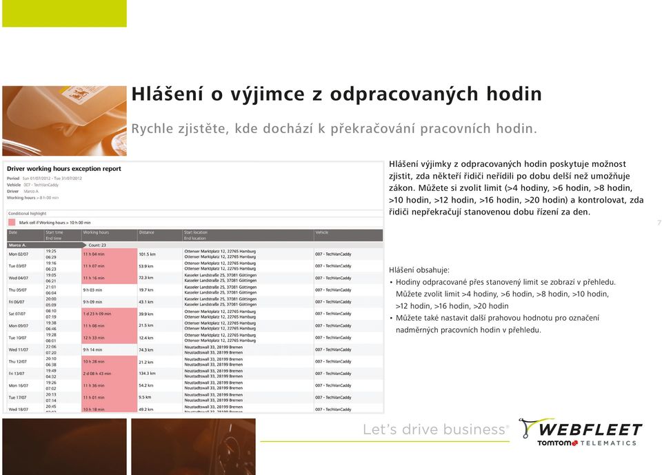 Můžete si zvolit limit (>4 hodiny, >6 hodin, >8 hodin, >10 hodin, >12 hodin, >16 hodin, >20 hodin) a kontrolovat, zda řidiči nepřekračují stanovenou dobu řízení za den.