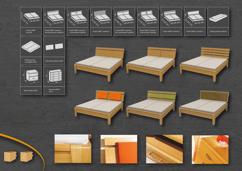 opěráků Postel JANET varianta 1 s čalouněnými opěráky Postel JANET varianta 2 Postel JANET varianta 3 bez čalouněných opěráků Postel JANET varianta 3 s čalouněnými