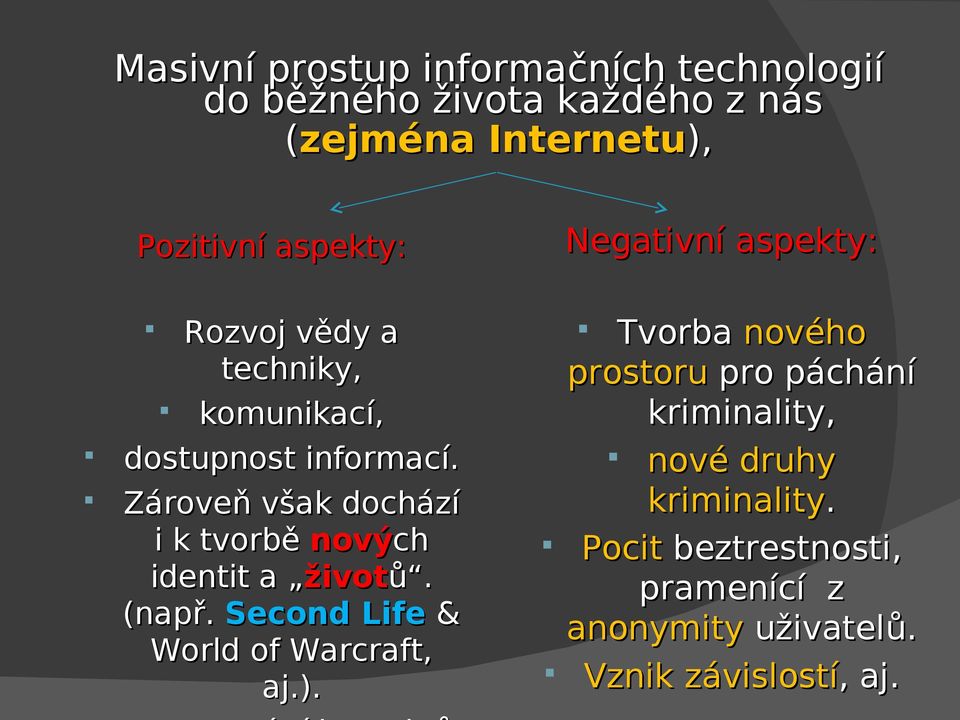 Zároveň však dochází i k tvorbě nových identit a životů. (např. Second Life & World of Warcraft, aj.).