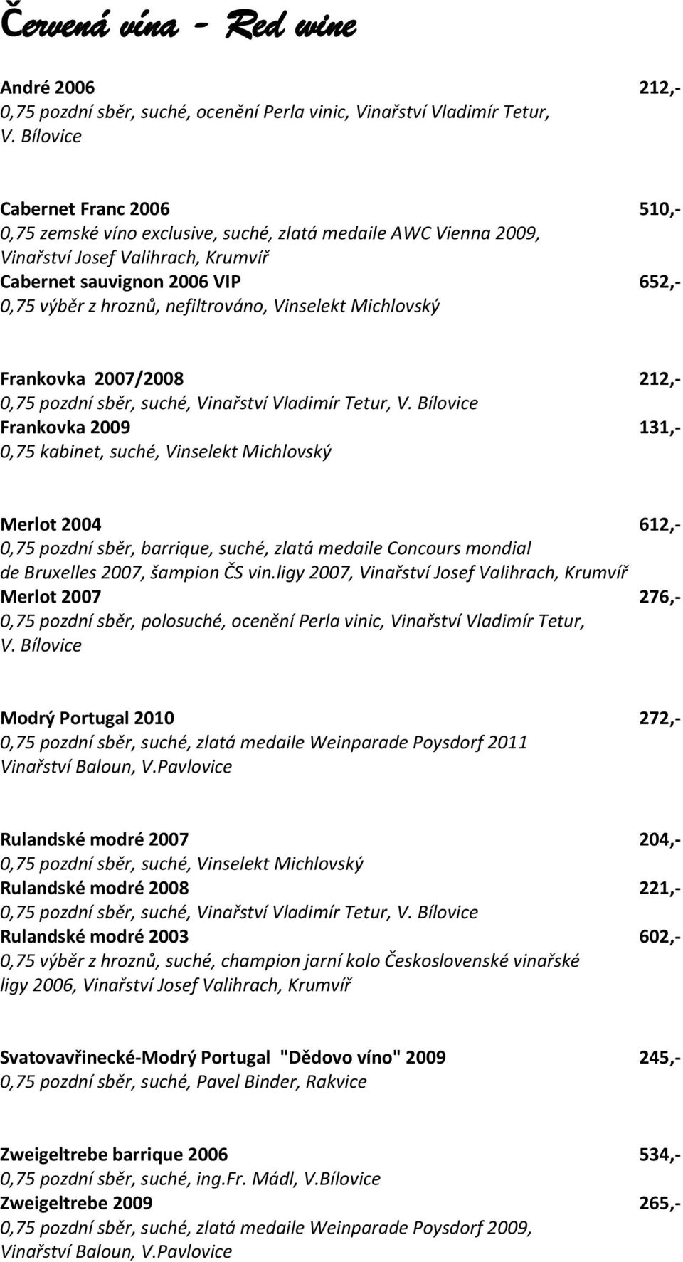 Vladimír Tetur, Frankovka 2009 131,- Merlot 2004 612,- 0,75 pozdní sběr, barrique, suché, zlatá medaile Concours mondial de Bruxelles 2007, šampion ČS vin.
