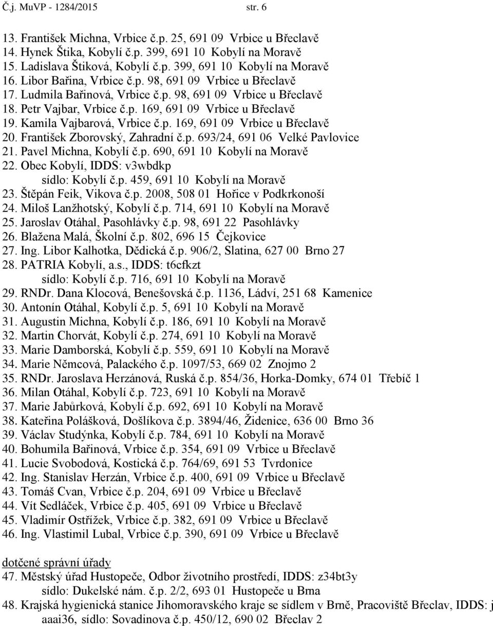 Kamila Vajbarová, Vrbice č.p. 169, 691 09 Vrbice u Břeclavě 20. František Zborovský, Zahradní č.p. 693/24, 691 06 Velké Pavlovice 21. Pavel Michna, Kobylí č.p. 690, 691 10 Kobylí na Moravě 22.