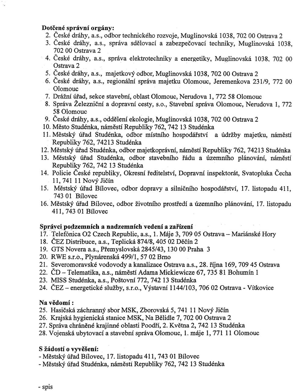 Drážní úøad, sekce stavební, oblast Olomouc, Nerudova 1, 772 58 Olomouc 8. Správa Železnièní a dopravní cesty, s.o., Stavební správa Olomouc, Nerudova 1, 772 58 Olomouc 9. Èeské dráhy, a.s., oddìlení ekologie, Muglinovská 1038, 702 00 Ostrava 2 10.