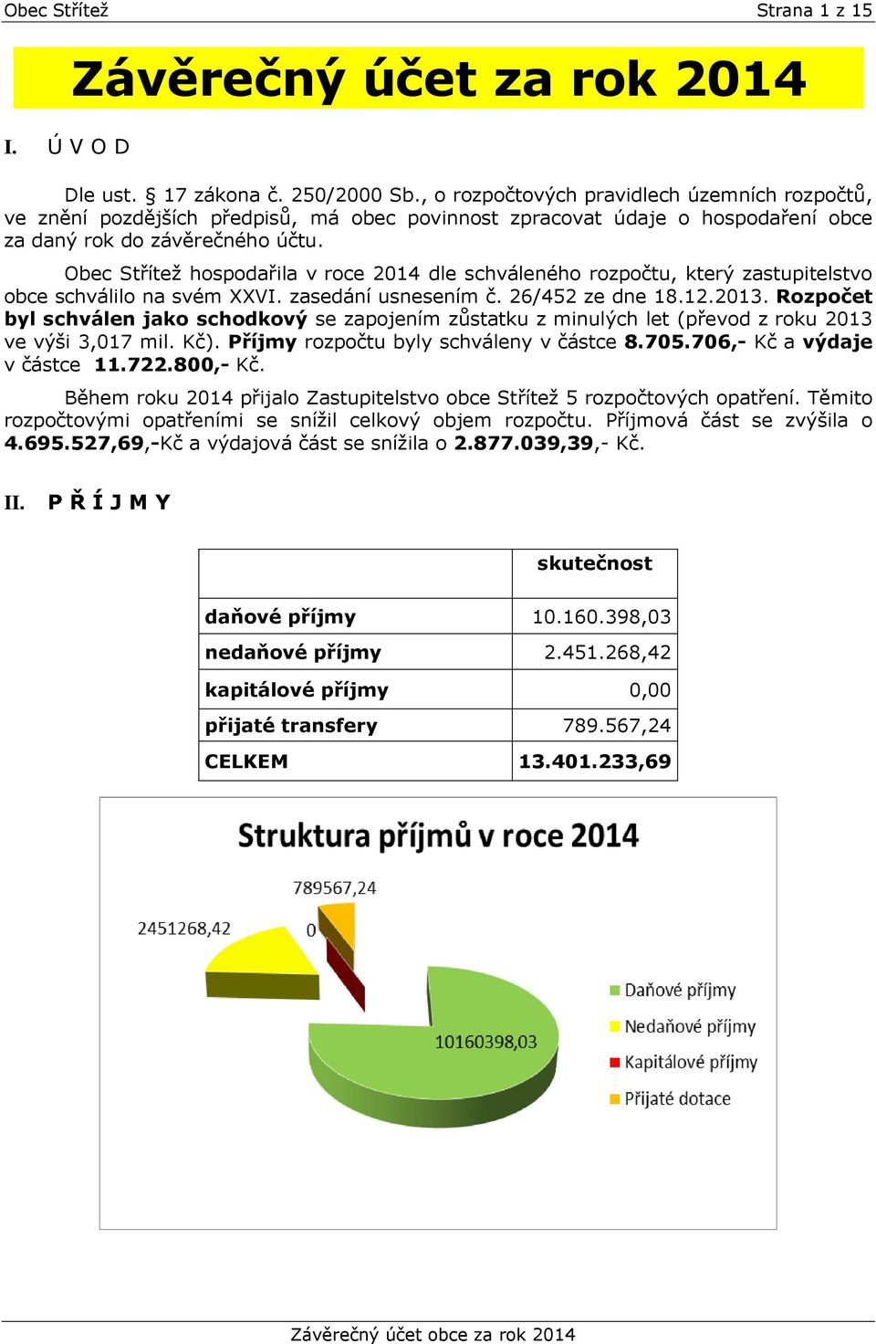 Obec Střítež hospodařila v roce 2014 dle schváleného rozpočtu, který zastupitelstvo obce schválilo na svém XXVI. zasedání usnesením č. 26/452 ze dne 18.12.2013.