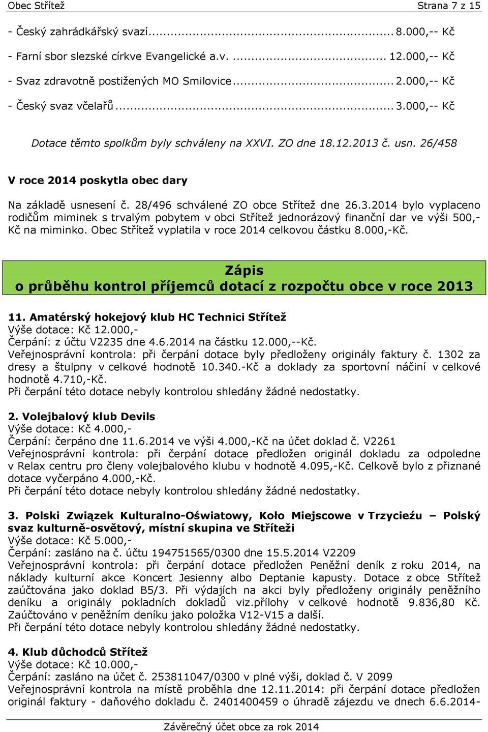 28/496 schválené ZO obce Střítež dne 26.3.2014 bylo vyplaceno rodičům miminek s trvalým pobytem v obci Střítež jednorázový finanční dar ve výši 500,- Kč na miminko.