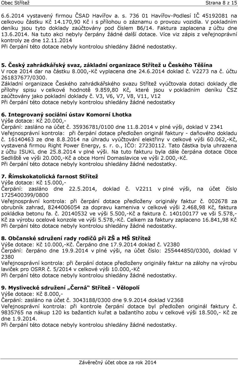 Více viz zápis z veřejnoprávní kontroly ze dne 12.11.2014 5. Český zahrádkářský svaz, základní organizace Střítež u Českého Těšína V roce 2014 dar na částku 8.000,-Kč vyplacena dne 24.6.2014 doklad č.