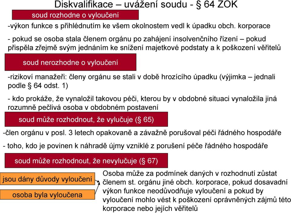 -rizikoví manažeři: členy orgánu se stali v době hrozícího úpadku (výjimka jednali podle 64 odst.