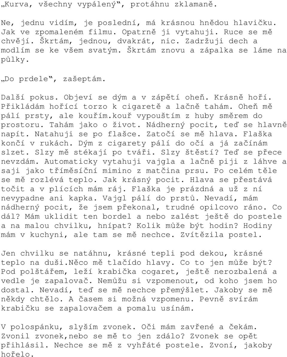 Přikládám hořící torzo k cigaretě a lačně tahám. Oheň mě pálí prsty, ale kouřím.kouř vypouštím z huby směrem do prostoru. Tahám jako o život. Nádherný pocit, teď se hlavně napít.