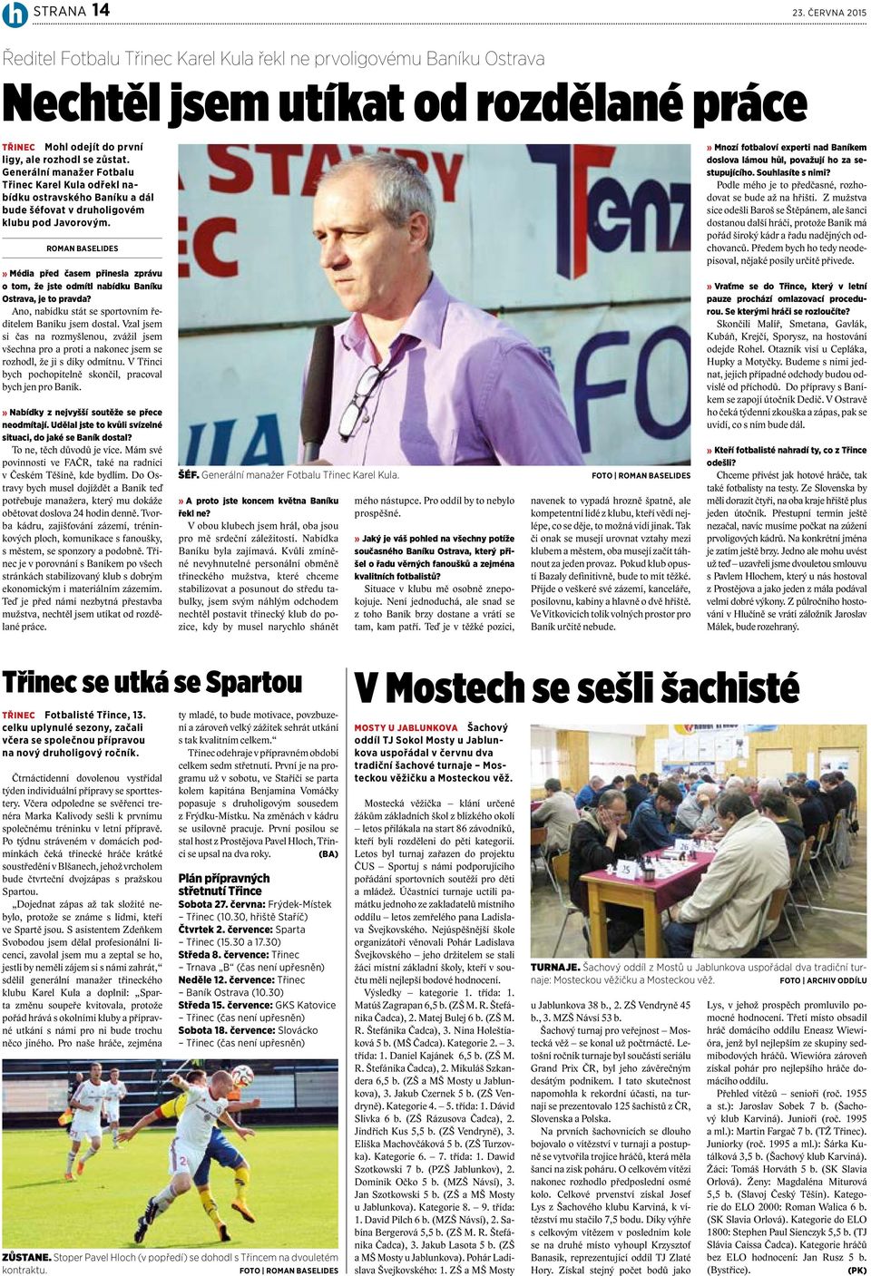 ROMAN BASELIDES Média před časem přinesla zprávu o tom, že jste odmítl nabídku Baníku Ostrava, je to pravda? Ano, nabídku stát se sportovním ředitelem Baníku jsem dostal.