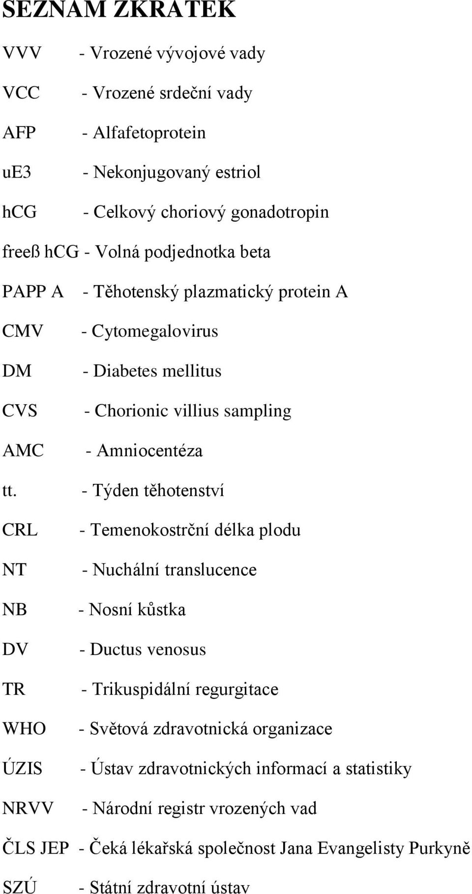 CRL NT NB DV TR WHO ÚZIS NRVV - Cytomegalovirus - Diabetes mellitus - Chorionic villius sampling - Amniocentéza - Týden těhotenství - Temenokostrční délka plodu - Nuchální
