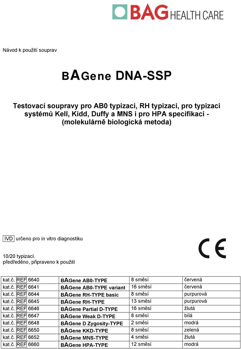 č. REF 6645 BAGene RH-TYPE 13 směsí purpurová kat.č. REF 6646 BAGene Partial D-TYPE 16 směsí žlutá kat.č. REF 6647 BAGene Weak D-TYPE 8 směsí bílá kat.č. REF 6648 BAGene D Zygosity-TYPE 2 směsi modrá kat.