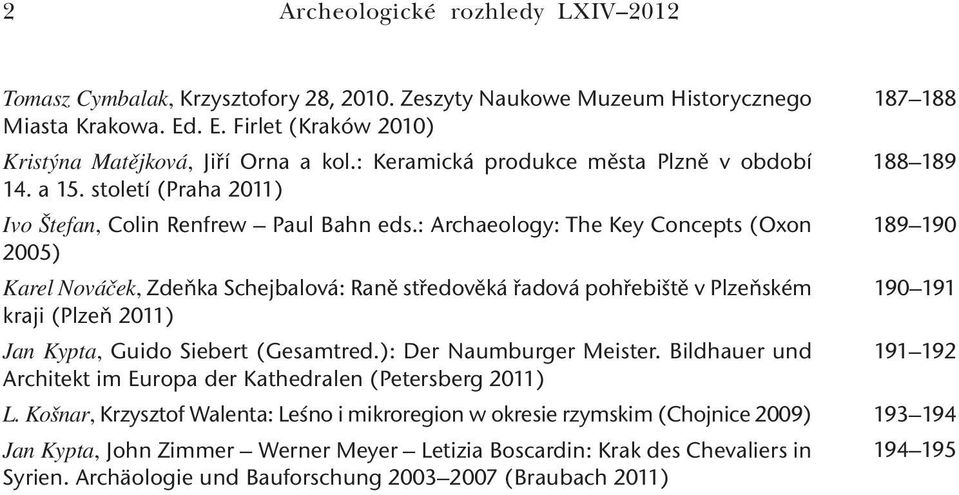 : Archaeology: The Key Concepts (Oxon 2005) Karel Nováček, Zdeňka Schejbalová: Raně středověká řadová pohřebiště v Plzeňském kraji (Plzeň 2011) Jan Kypta, Guido Siebert (Gesamtred.