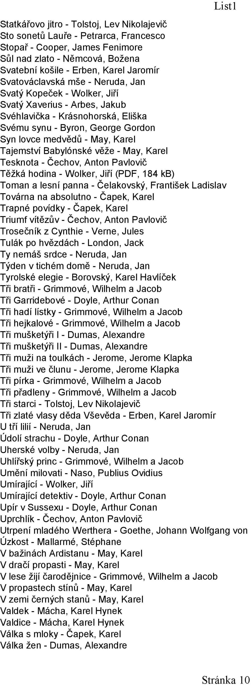Tajemství Babylónské věže - May, Karel Tesknota - Čechov, Anton Pavlovič Těžká hodina - Wolker, Jiří (PDF, 184 kb) Toman a lesní panna - Čelakovský, František Ladislav Továrna na absolutno - Čapek,