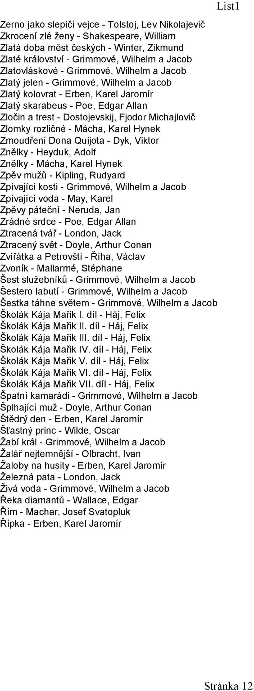 rozličné - Mácha, Karel Hynek Zmoudření Dona Quijota - Dyk, Viktor Znělky - Heyduk, Adolf Znělky - Mácha, Karel Hynek Zpěv mužů - Kipling, Rudyard Zpívající kosti - Grimmové, Wilhelm a Jacob