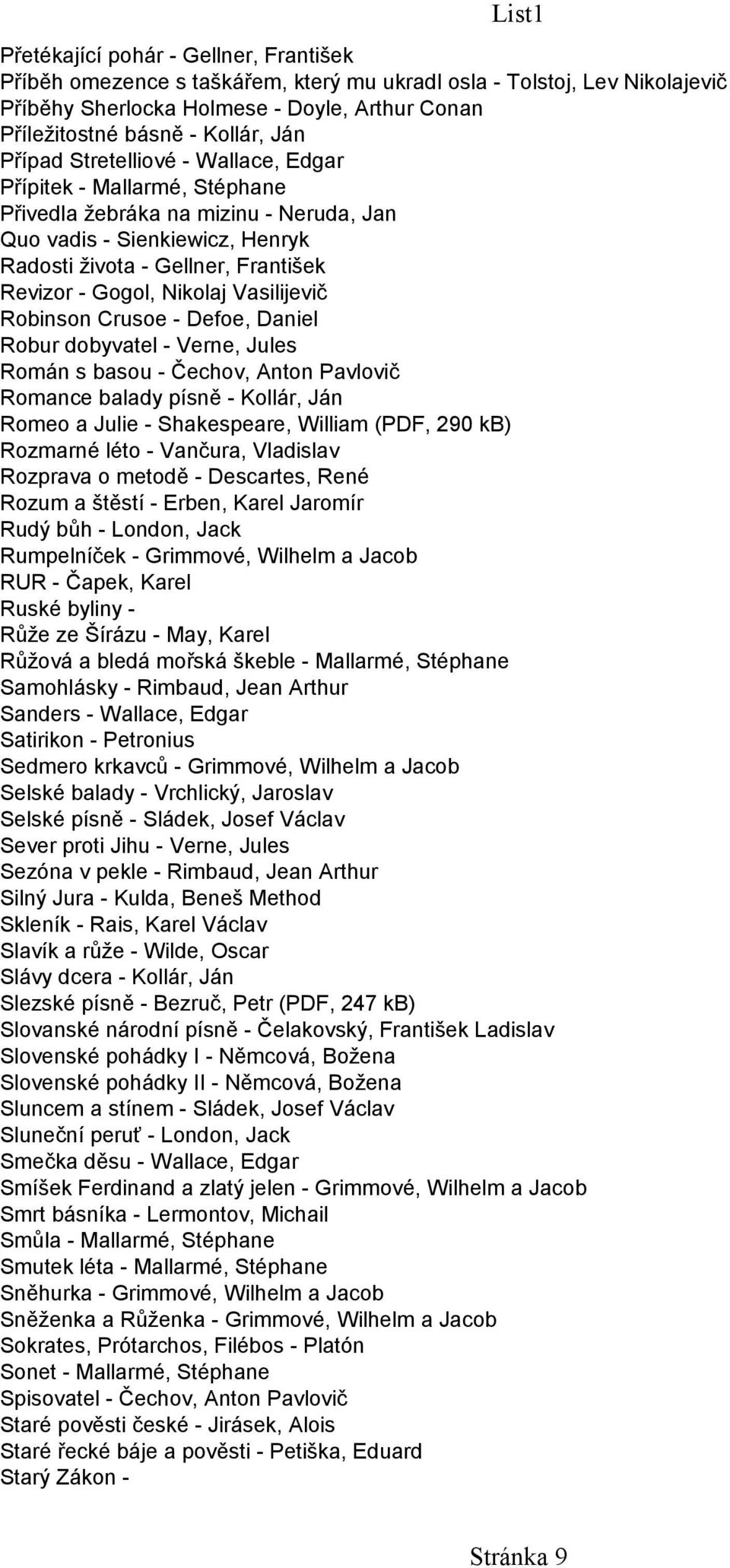 Nikolaj Vasilijevič Robinson Crusoe - Defoe, Daniel Robur dobyvatel - Verne, Jules Román s basou - Čechov, Anton Pavlovič Romance balady písně - Kollár, Ján Romeo a Julie - Shakespeare, William (PDF,