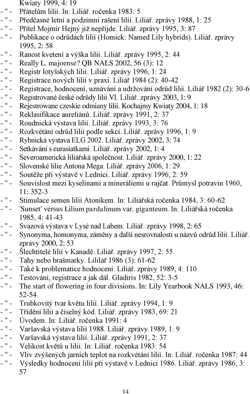 Liliář 1984 (2): 40-42 - '' - Registrace, hodnocení, uznávání a udrţování odrůd lilií. Liliář 1982 (2): 30-6 - '' - Registrované české odrůdy lilií VI. Liliář. zprávy 2003, 1: 9 - '' - Rejestrowane czeskie odmiany lilii.