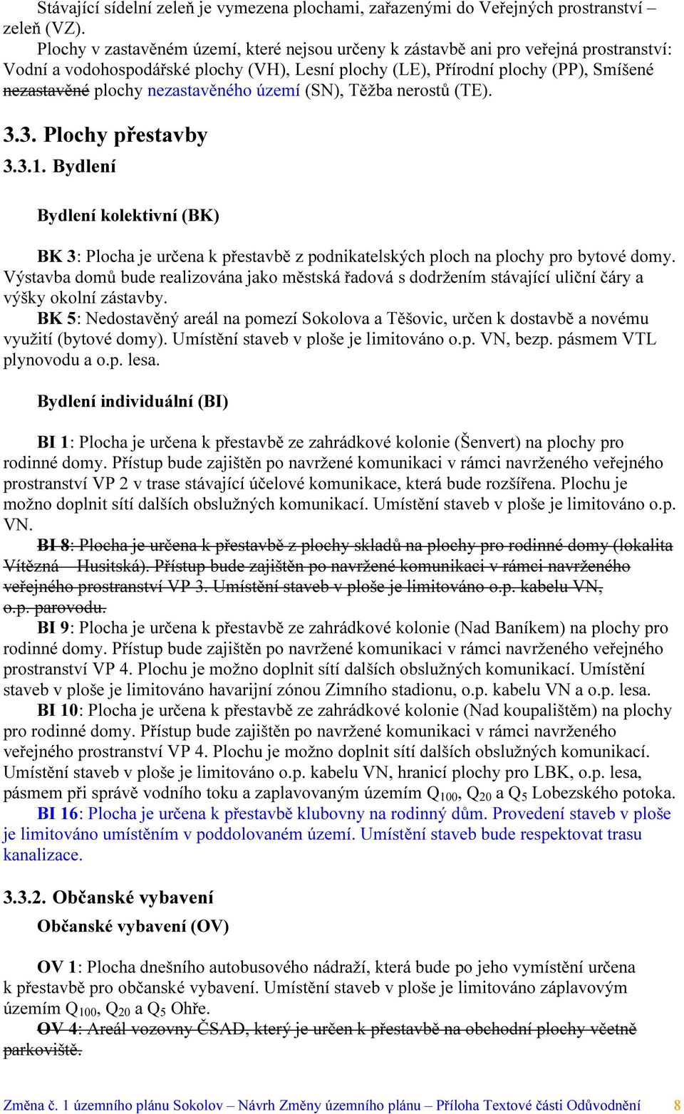 nezastavěného území (SN), Těžba nerostů (TE). 3.3. Plochy přestavby 3.3.1. Bydlení Bydlení kolektivní (BK) BK 3: Plocha je určena k přestavbě z podnikatelských ploch na plochy pro bytové domy.