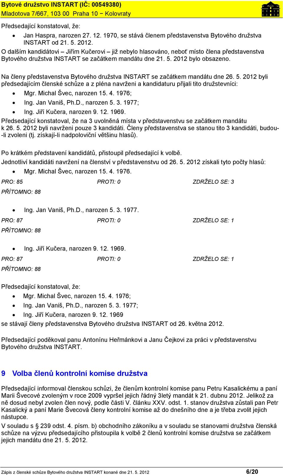 Na členy představenstva Bytového družstva INSTART se začátkem mandátu dne 26. 5. 2012 byli předsedajícím členské schůze a z pléna navrženi a kandidaturu přijali tito družstevníci: Mgr.