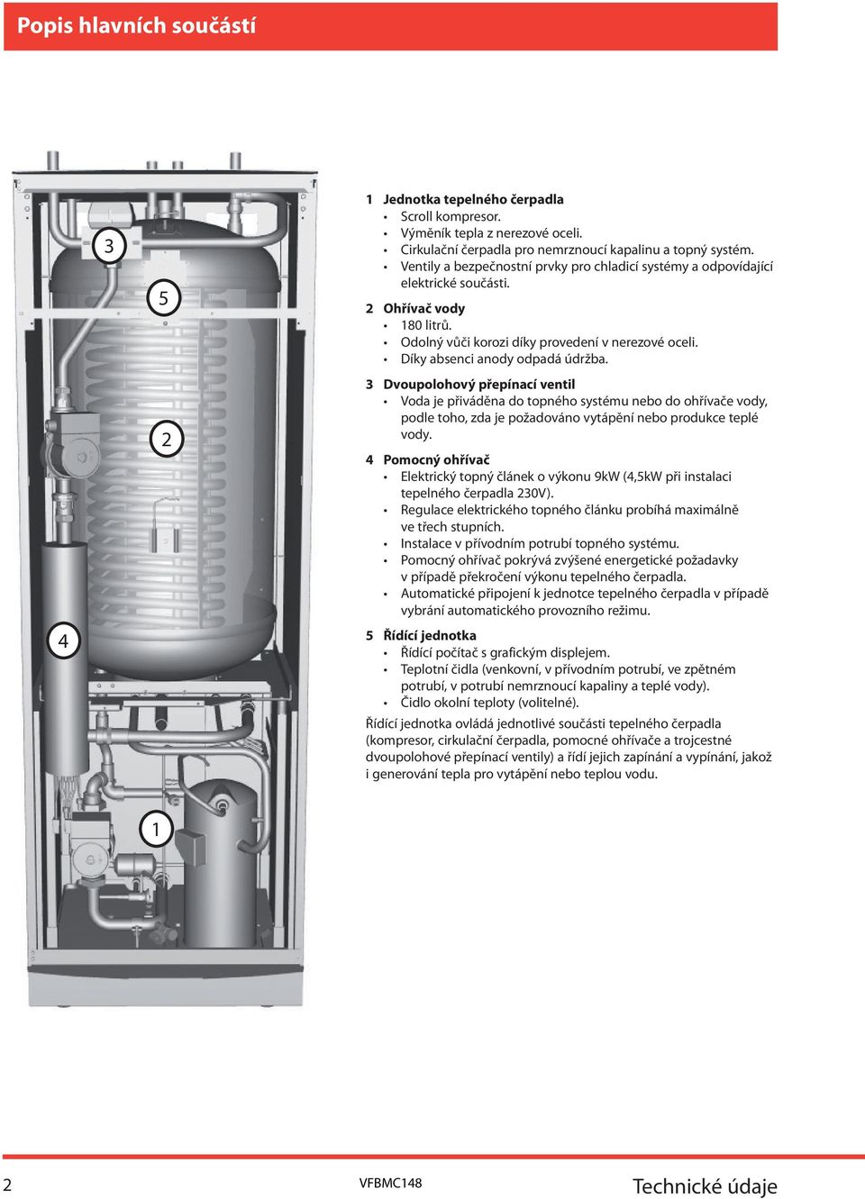 3 voupolohový přepínací ventil Voda je přiváděna do topného systému nebo do ohřívače vody, podle toho, zda je požadováno vytápění nebo produkce teplé vody.