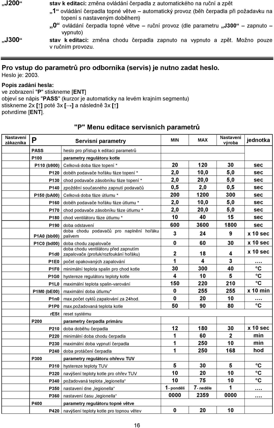 Pro vstup do parametrů pro odborníka (servis) je nutno zadat heslo. Heslo je: 2003.