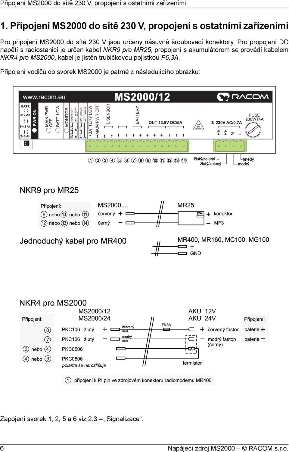Pro propojení DC napětí s radiostanicí je určen kabel NKR9 pro MR25, propojení s akumulátorem se provádí kabelem NKR4 pro MS2000, kabel je jistěn trubičkovou pojistkou F6,3A.