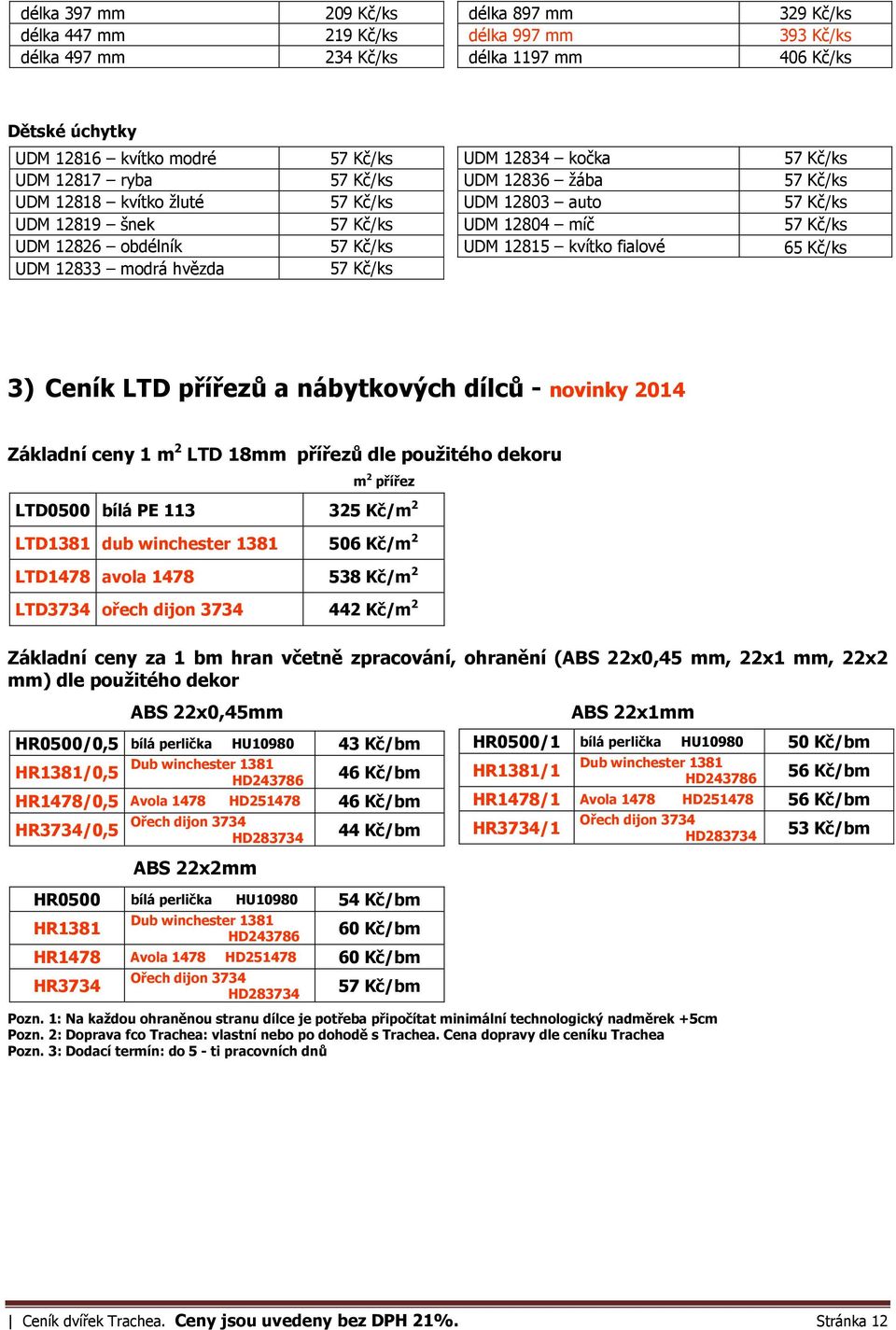 12815 kvítko fialové 65 Kč/ks UDM 12833 modrá hvězda 57 Kč/ks 3) Ceník LTD přířezů a nábytkových dílců - novinky 2014 Základní ceny 1 m 2 LTD 18mm přířezů dle použitého dekoru m 2 přířez LTD0500 bílá