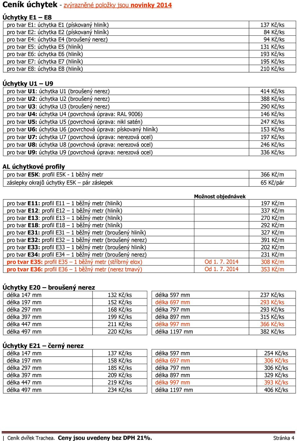 úchytka U2 (broušený nerez) pro tvar U3: úchytka U3 (broušený nerez) pro tvar U4: úchytka U4 (povrchová úprava: RAL 9006) pro tvar U5: úchytka U5 (povrchová úprava: nikl satén) pro tvar U6: úchytka