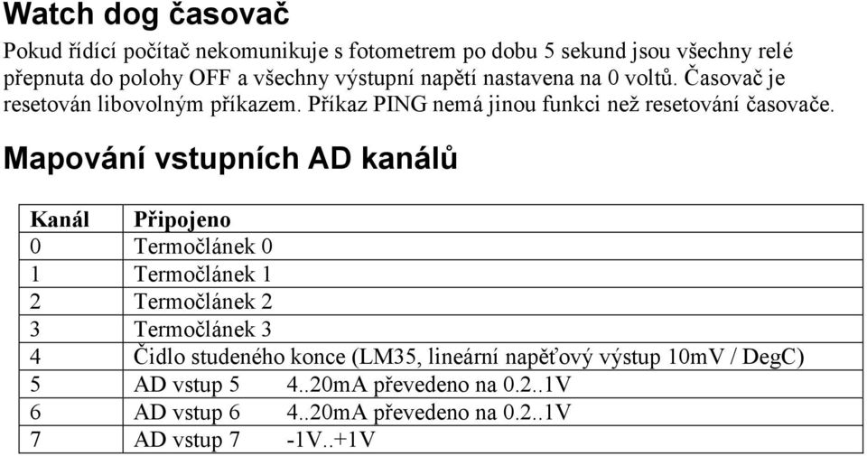 Mapování vstupních AD kanálů Kanál Připojeno 0 Termočlánek 0 1 Termočlánek 1 2 Termočlánek 2 3 Termočlánek 3 4 Čidlo studeného konce