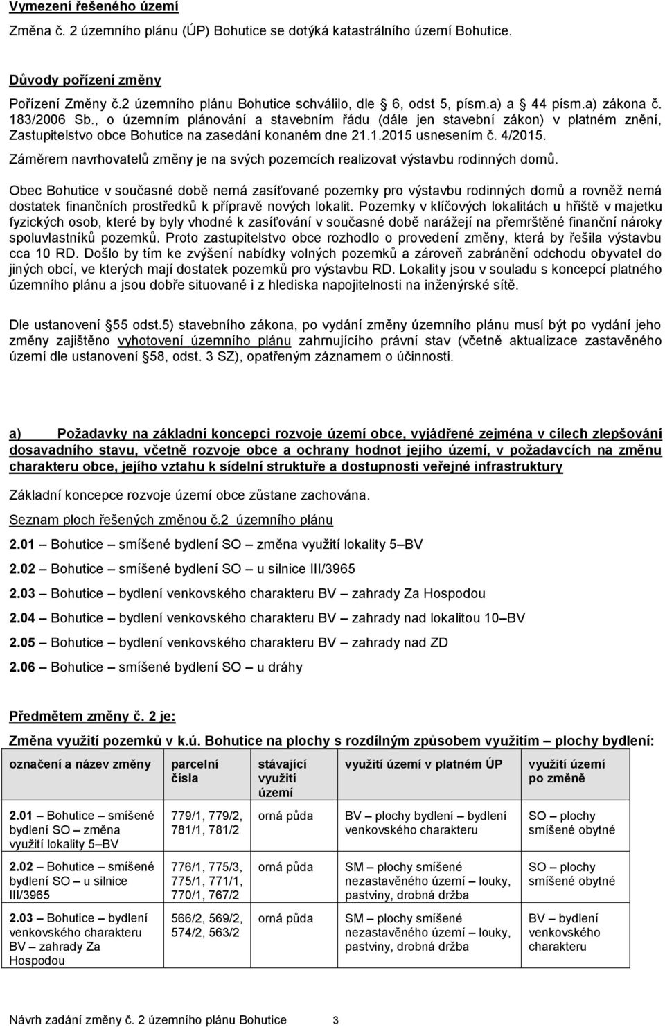 4/2015. Záměrem navrhovatelů změny je na svých pozemcích realizovat výstavbu rodinných domů.