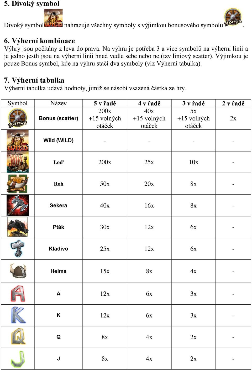 Výjimkou je pouze Bonus symbol, kde na výhru stačí dva symboly (viz Výherní tabulka). 7. Výherní tabulka Výherní tabulka udává hodnoty, jimiž se násobí vsazená částka ze hry.