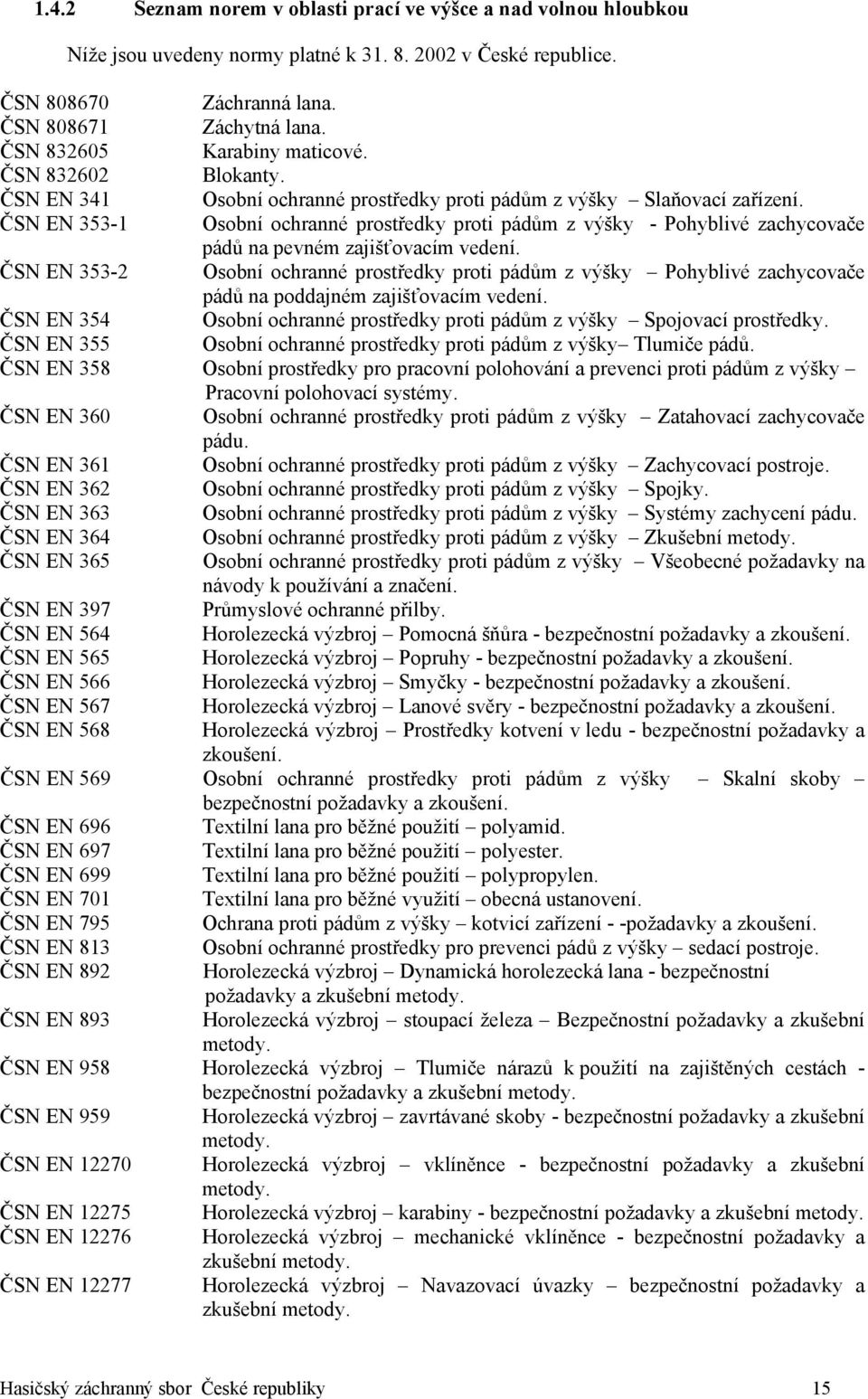 ČSN EN 353-1 Osobní ochranné prostředky proti pádům z výšky - Pohyblivé zachycovače pádů na pevném zajišťovacím vedení.