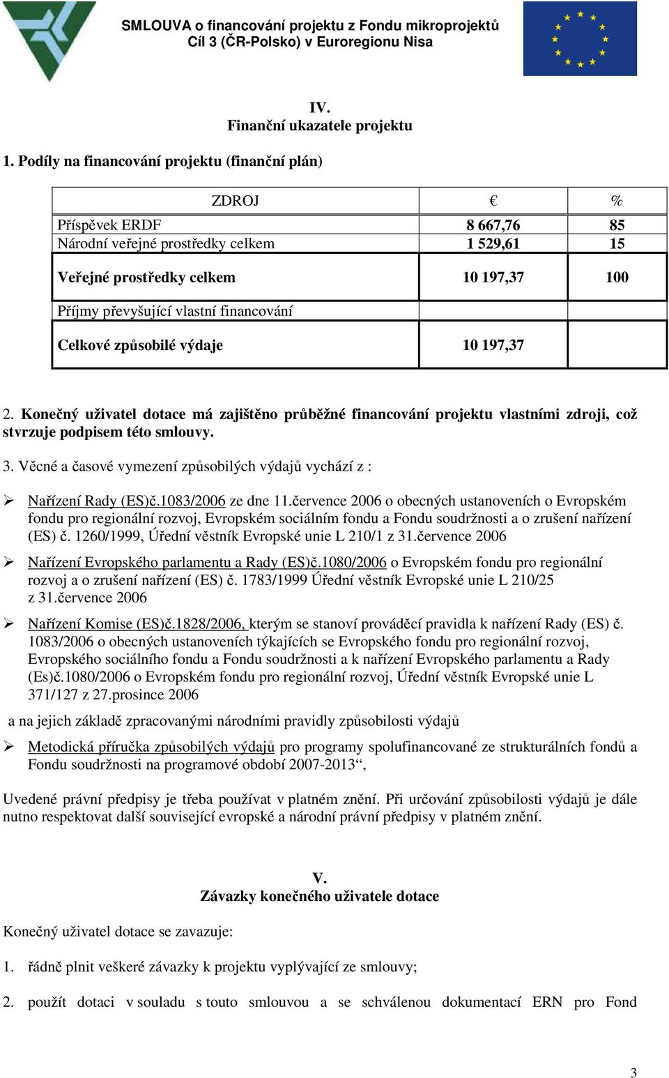 financování Celkové způsobilé výdaje 10 197,37 2. Konečný uživatel dotace má zajištěno průběžné financování projektu vlastními zdroji, což stvrzuje podpisem této smlouvy. 3.