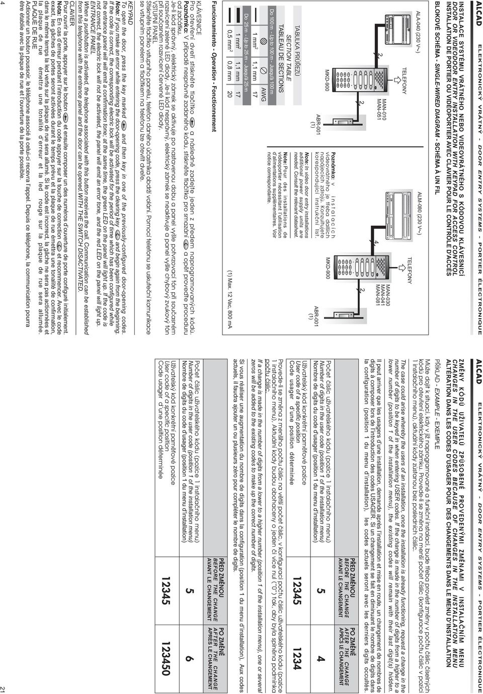 DES CHANGEMENTS DANS LE MENU D INSTALLATION BLOKOVÉ SCHÉMA - SINGLE-WIRED DIAGRAM - SCHÉMA À UN FIL ALA-4 ( V ) V V mm TABULKA PRÙØEZÙ TELEFONY MKD- SECTION TABLE TABLEAU DE SECTIONS Do m - Up to m -