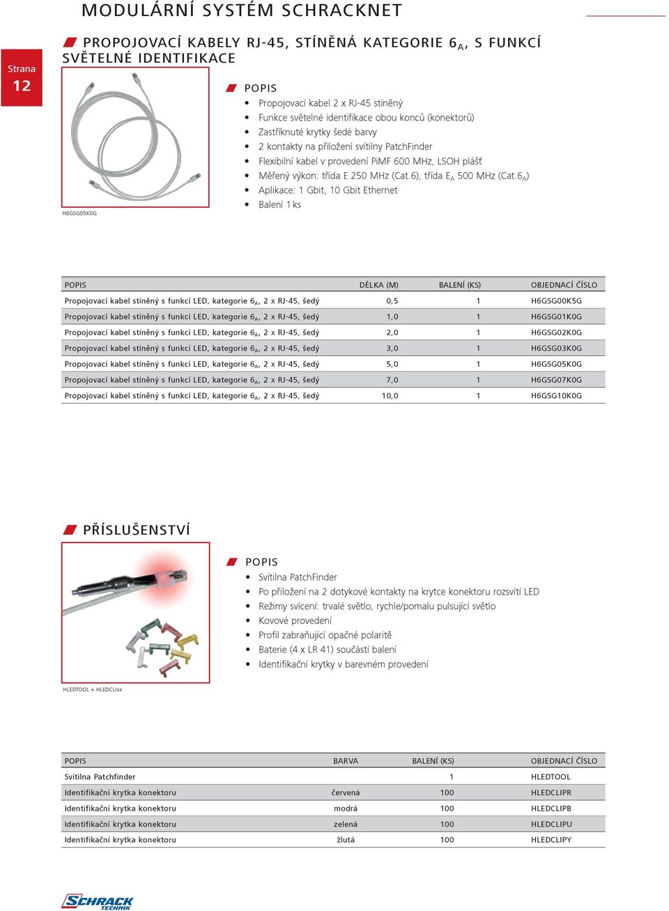 6 A ) Aplikace: 1 Gbit, 10 Gbit Ethernet Balení 1 ks popis délka (m) balení (ks) OBJEDNACÍ číslo Propojovací kabel stíněný s funkcí LED, kategorie 6 A, 2 x RJ-45, šedý 0,5 1 H6GSG00K5G Propojovací